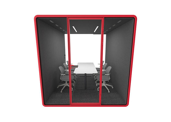 A modular soundproof office pod with 4-6 person capacity, laminated glass, and high-efficiency sound insulation for a quiet workspace